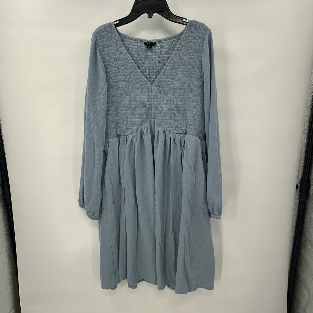 Torrid  Blue Smocked Dress V-Neck Long Sleeve Babydoll Mini Flowy‎ Boho